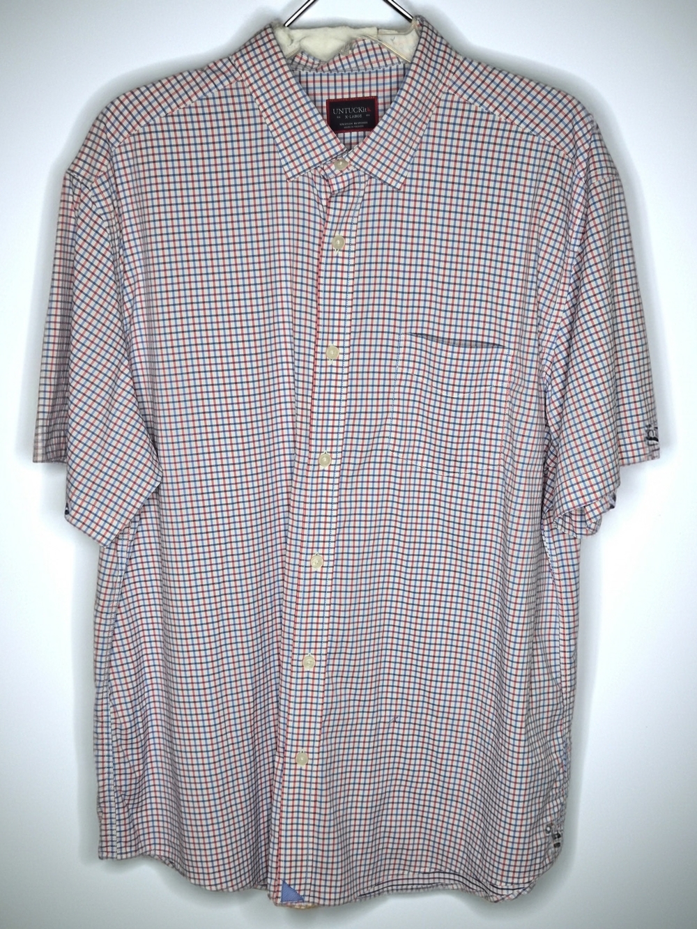 Untuckit Men's Short Sleeve Button-Down Shirt in White with Red & Blue Check XL